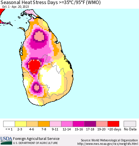 Sri Lanka Seasonal Heat Stress Days >=35°C/95°F (WMO) Thematic Map For 10/1/2022 - 4/20/2023