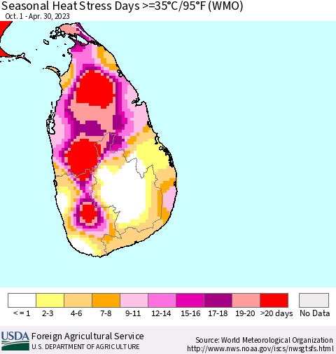 Sri Lanka Seasonal Heat Stress Days >=35°C/95°F (WMO) Thematic Map For 10/1/2022 - 4/30/2023