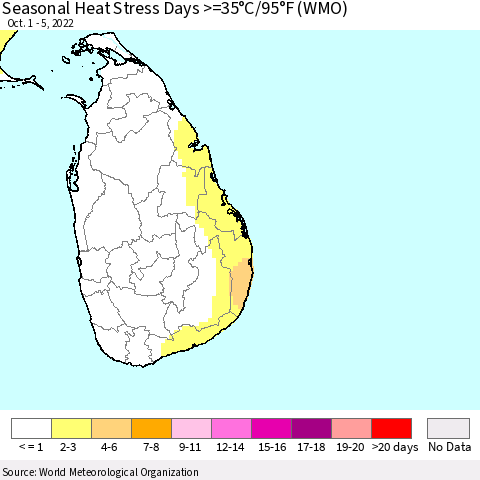Sri Lanka Seasonal Heat Stress Days >=35°C/95°F (WMO) Thematic Map For 10/1/2022 - 10/5/2022