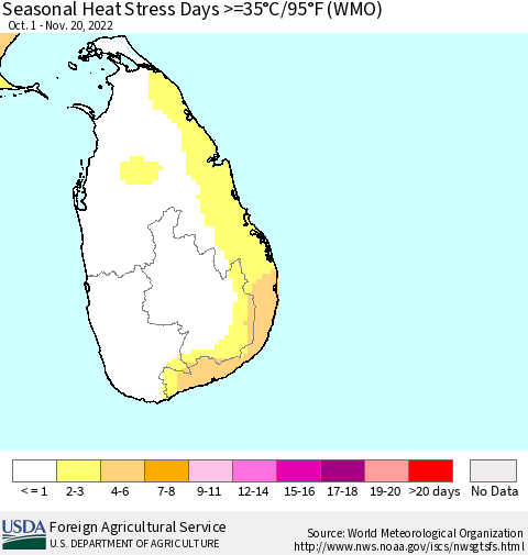 Sri Lanka Seasonal Heat Stress Days >=35°C/95°F (WMO) Thematic Map For 10/1/2022 - 11/20/2022