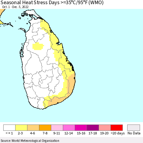 Sri Lanka Seasonal Heat Stress Days >=35°C/95°F (WMO) Thematic Map For 10/1/2022 - 12/5/2022