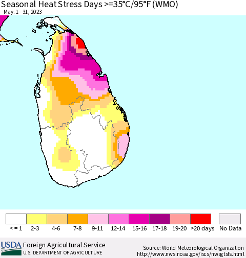 Sri Lanka Seasonal Heat Stress Days >=35°C/95°F (WMO) Thematic Map For 5/1/2023 - 5/31/2023