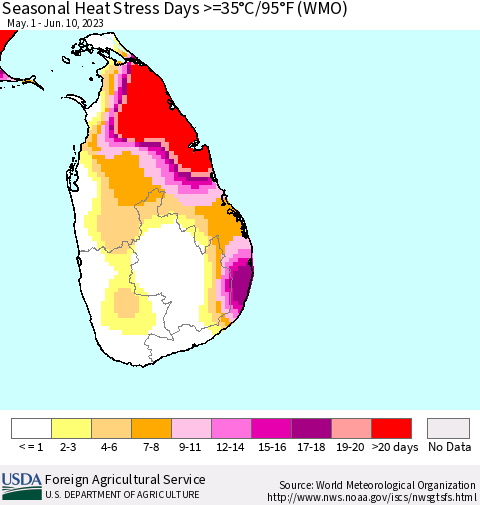Sri Lanka Seasonal Heat Stress Days >=35°C/95°F (WMO) Thematic Map For 5/1/2023 - 6/10/2023