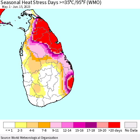 Sri Lanka Seasonal Heat Stress Days >=35°C/95°F (WMO) Thematic Map For 5/1/2023 - 6/15/2023