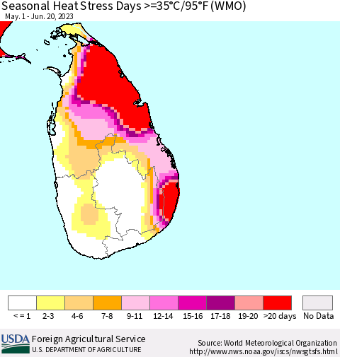 Sri Lanka Seasonal Heat Stress Days >=35°C/95°F (WMO) Thematic Map For 5/1/2023 - 6/20/2023