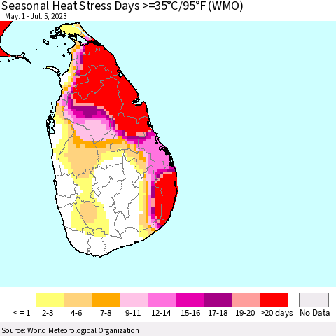 Sri Lanka Seasonal Heat Stress Days >=35°C/95°F (WMO) Thematic Map For 5/1/2023 - 7/5/2023