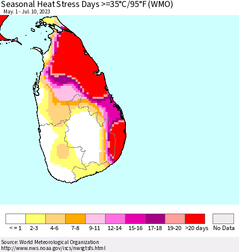 Sri Lanka Seasonal Heat Stress Days >=35°C/95°F (WMO) Thematic Map For 5/1/2023 - 7/10/2023