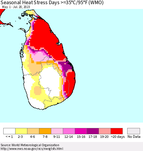 Sri Lanka Seasonal Heat Stress Days >=35°C/95°F (WMO) Thematic Map For 5/1/2023 - 7/20/2023