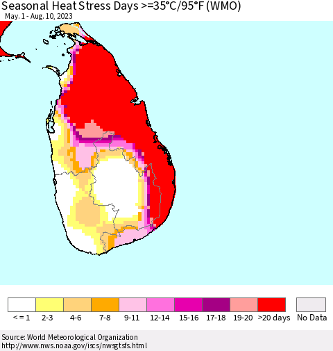 Sri Lanka Seasonal Heat Stress Days >=35°C/95°F (WMO) Thematic Map For 5/1/2023 - 8/10/2023