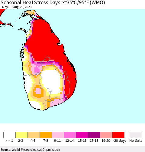 Sri Lanka Seasonal Heat Stress Days >=35°C/95°F (WMO) Thematic Map For 5/1/2023 - 8/20/2023