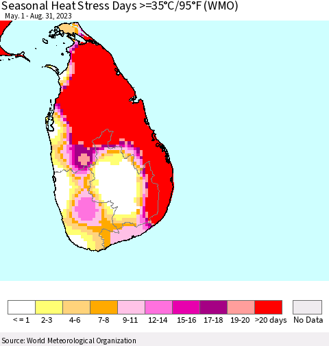 Sri Lanka Seasonal Heat Stress Days >=35°C/95°F (WMO) Thematic Map For 5/1/2023 - 8/31/2023