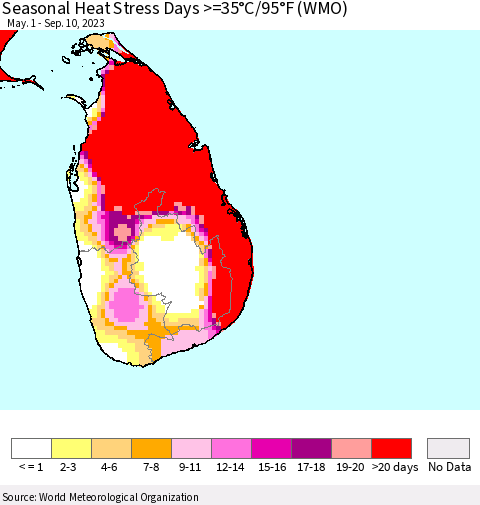 Sri Lanka Seasonal Heat Stress Days >=35°C/95°F (WMO) Thematic Map For 5/1/2023 - 9/10/2023