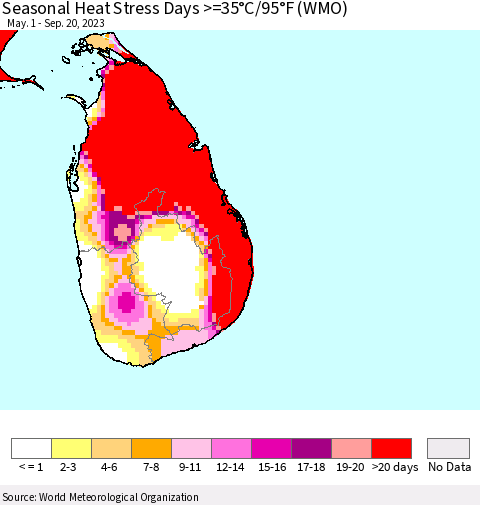 Sri Lanka Seasonal Heat Stress Days >=35°C/95°F (WMO) Thematic Map For 5/1/2023 - 9/20/2023