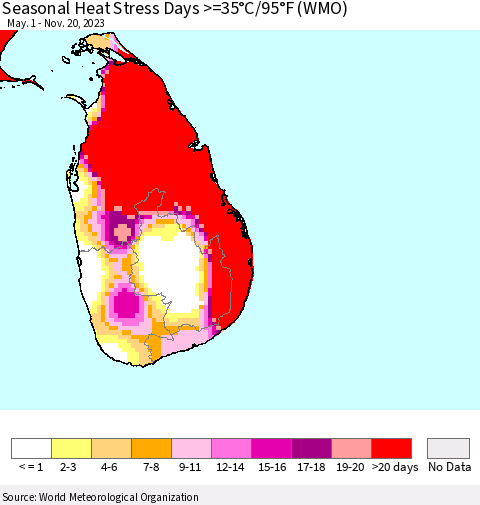 Sri Lanka Seasonal Heat Stress Days >=35°C/95°F (WMO) Thematic Map For 5/1/2023 - 11/20/2023