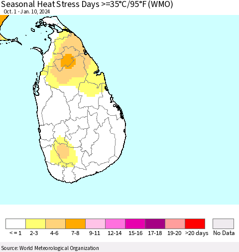 Sri Lanka Seasonal Heat Stress Days >=35°C/95°F (WMO) Thematic Map For 10/1/2023 - 1/10/2024