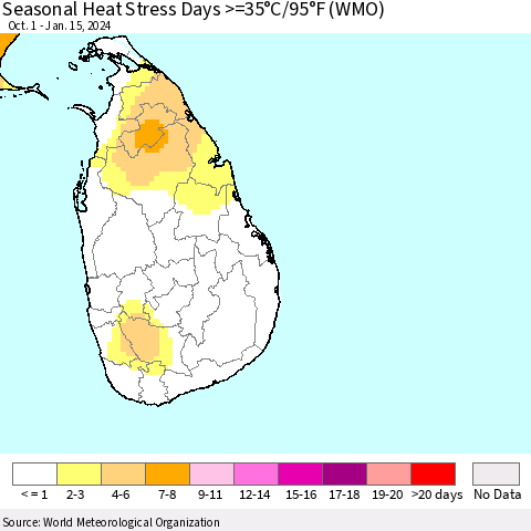 Sri Lanka Seasonal Heat Stress Days >=35°C/95°F (WMO) Thematic Map For 10/1/2023 - 1/15/2024