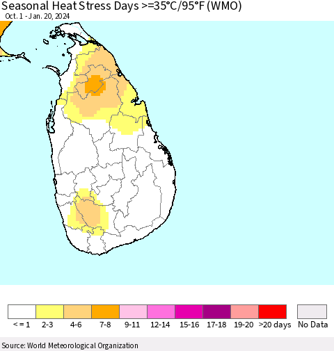 Sri Lanka Seasonal Heat Stress Days >=35°C/95°F (WMO) Thematic Map For 10/1/2023 - 1/20/2024
