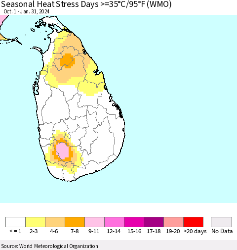 Sri Lanka Seasonal Heat Stress Days >=35°C/95°F (WMO) Thematic Map For 10/1/2023 - 1/31/2024