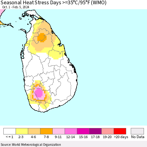 Sri Lanka Seasonal Heat Stress Days >=35°C/95°F (WMO) Thematic Map For 10/1/2023 - 2/5/2024