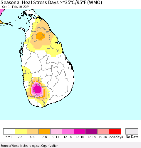 Sri Lanka Seasonal Heat Stress Days >=35°C/95°F (WMO) Thematic Map For 10/1/2023 - 2/10/2024