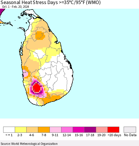 Sri Lanka Seasonal Heat Stress Days >=35°C/95°F (WMO) Thematic Map For 10/1/2023 - 2/20/2024