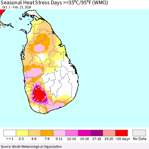 Sri Lanka Seasonal Heat Stress Days >=35°C/95°F (WMO) Thematic Map For 10/1/2023 - 2/25/2024