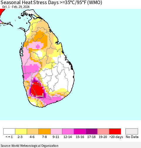 Sri Lanka Seasonal Heat Stress Days >=35°C/95°F (WMO) Thematic Map For 10/1/2023 - 2/29/2024