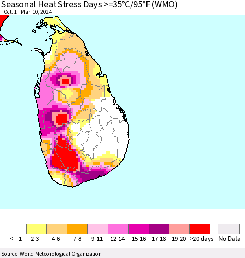 Sri Lanka Seasonal Heat Stress Days >=35°C/95°F (WMO) Thematic Map For 10/1/2023 - 3/10/2024