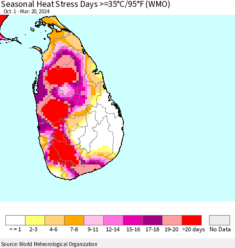 Sri Lanka Seasonal Heat Stress Days >=35°C/95°F (WMO) Thematic Map For 10/1/2023 - 3/20/2024