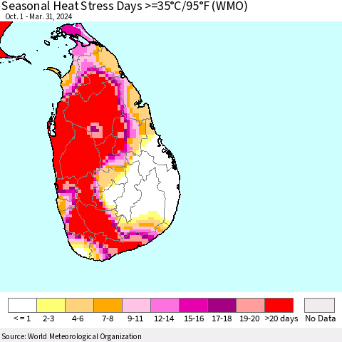 Sri Lanka Seasonal Heat Stress Days >=35°C/95°F (WMO) Thematic Map For 10/1/2023 - 3/31/2024