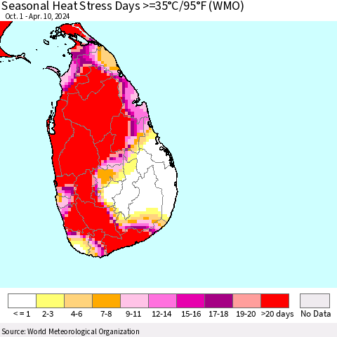 Sri Lanka Seasonal Heat Stress Days >=35°C/95°F (WMO) Thematic Map For 10/1/2023 - 4/10/2024