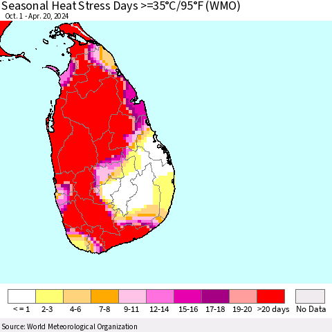 Sri Lanka Seasonal Heat Stress Days >=35°C/95°F (WMO) Thematic Map For 10/1/2023 - 4/20/2024