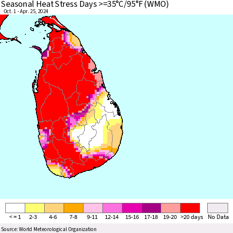 Sri Lanka Seasonal Heat Stress Days >=35°C/95°F (WMO) Thematic Map For 10/1/2023 - 4/25/2024
