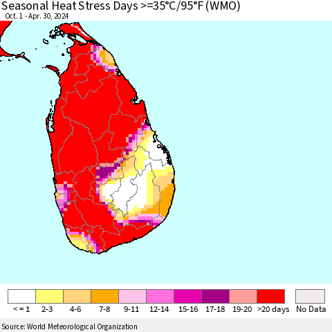 Sri Lanka Seasonal Heat Stress Days >=35°C/95°F (WMO) Thematic Map For 10/1/2023 - 4/30/2024