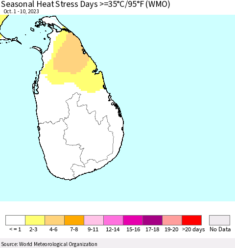 Sri Lanka Seasonal Heat Stress Days >=35°C/95°F (WMO) Thematic Map For 10/1/2023 - 10/10/2023
