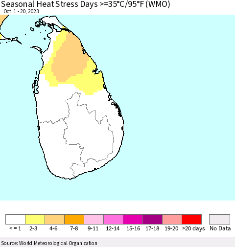 Sri Lanka Seasonal Heat Stress Days >=35°C/95°F (WMO) Thematic Map For 10/1/2023 - 10/20/2023