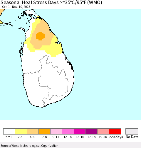 Sri Lanka Seasonal Heat Stress Days >=35°C/95°F (WMO) Thematic Map For 10/1/2023 - 11/10/2023