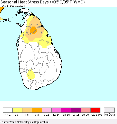 Sri Lanka Seasonal Heat Stress Days >=35°C/95°F (WMO) Thematic Map For 10/1/2023 - 12/10/2023