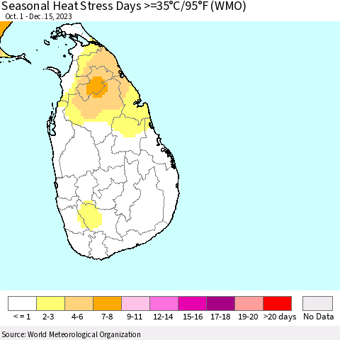 Sri Lanka Seasonal Heat Stress Days >=35°C/95°F (WMO) Thematic Map For 10/1/2023 - 12/15/2023