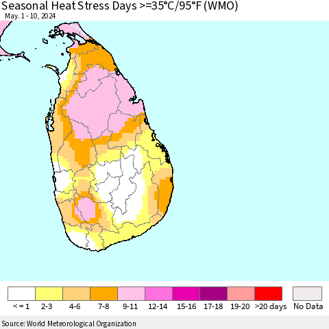 Sri Lanka Seasonal Heat Stress Days >=35°C/95°F (WMO) Thematic Map For 5/1/2024 - 5/10/2024