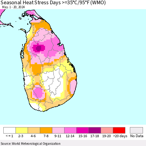 Sri Lanka Seasonal Heat Stress Days >=35°C/95°F (WMO) Thematic Map For 5/1/2024 - 5/20/2024