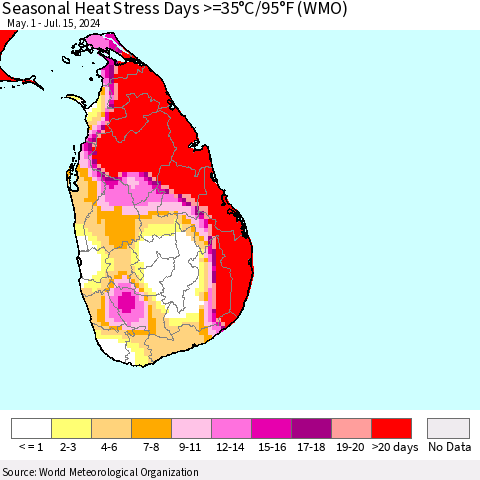 Sri Lanka Seasonal Heat Stress Days >=35°C/95°F (WMO) Thematic Map For 5/1/2024 - 7/15/2024