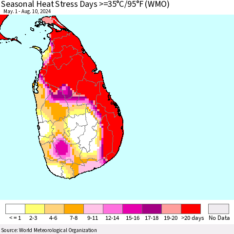 Sri Lanka Seasonal Heat Stress Days >=35°C/95°F (WMO) Thematic Map For 5/1/2024 - 8/10/2024