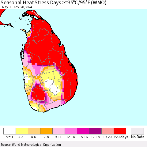 Sri Lanka Seasonal Heat Stress Days >=35°C/95°F (WMO) Thematic Map For 5/1/2024 - 11/20/2024