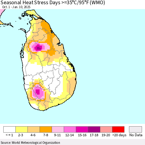Sri Lanka Seasonal Heat Stress Days >=35°C/95°F (WMO) Thematic Map For 10/1/2024 - 1/10/2025