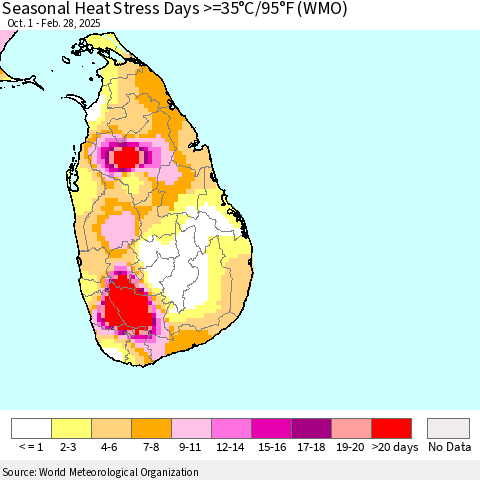 Sri Lanka Seasonal Heat Stress Days >=35°C/95°F (WMO) Thematic Map For 10/1/2024 - 2/28/2025