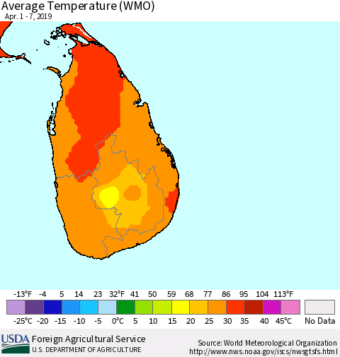 Sri Lanka Average Temperature (WMO) Thematic Map For 4/1/2019 - 4/7/2019