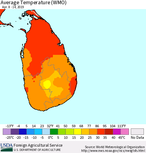 Sri Lanka Average Temperature (WMO) Thematic Map For 4/8/2019 - 4/14/2019