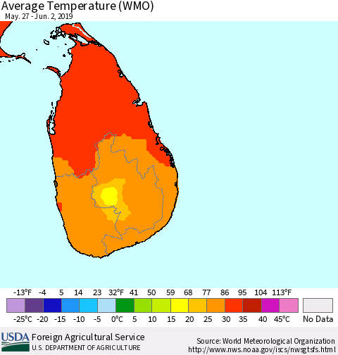 Sri Lanka Average Temperature (WMO) Thematic Map For 5/27/2019 - 6/2/2019
