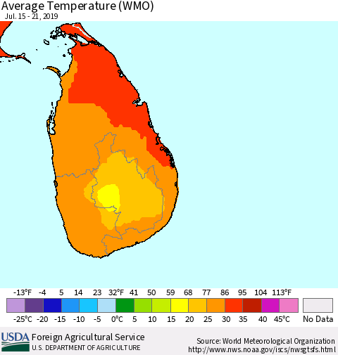 Sri Lanka Average Temperature (WMO) Thematic Map For 7/15/2019 - 7/21/2019